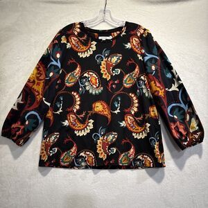 Chico's Top Women's Size 2 Large Colorful Paisley Puff Sleeve Cotton Stretch